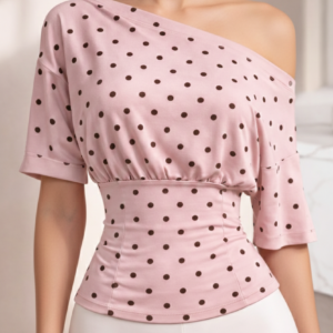 Pink Brown Polka Dot Off Shoulder Top