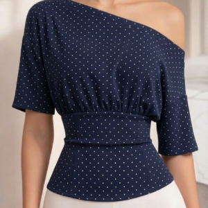 Navy White Polka Dot Off Shoulder Top