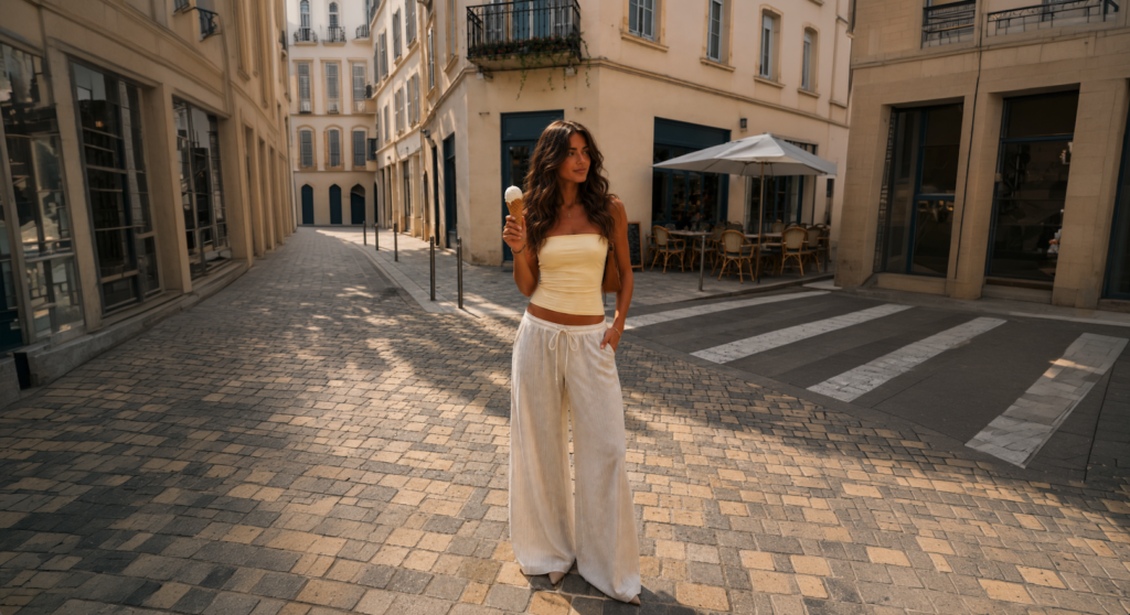 picture of summer outfit, yellow top, linen pants.